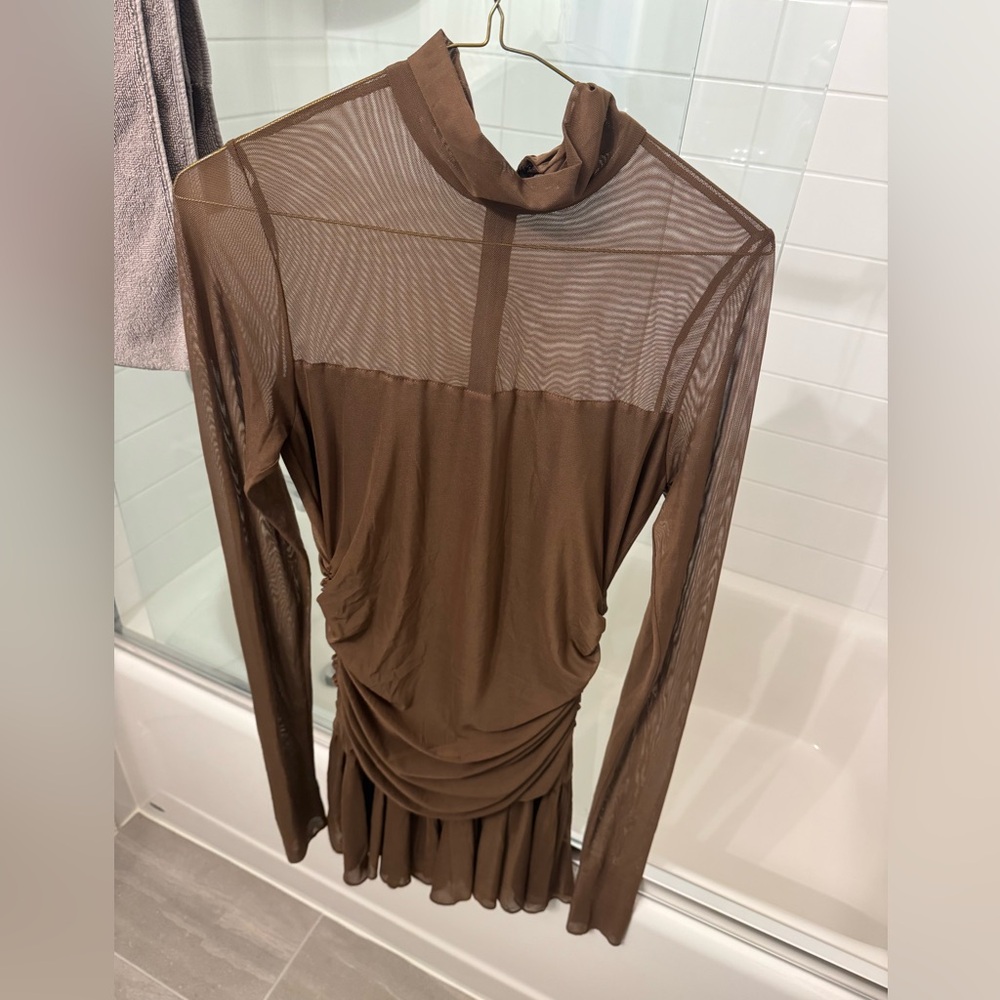 Amanda Uprichard Brown Long Sleeve Mesh Mini Dress - Picture 8 of 13
